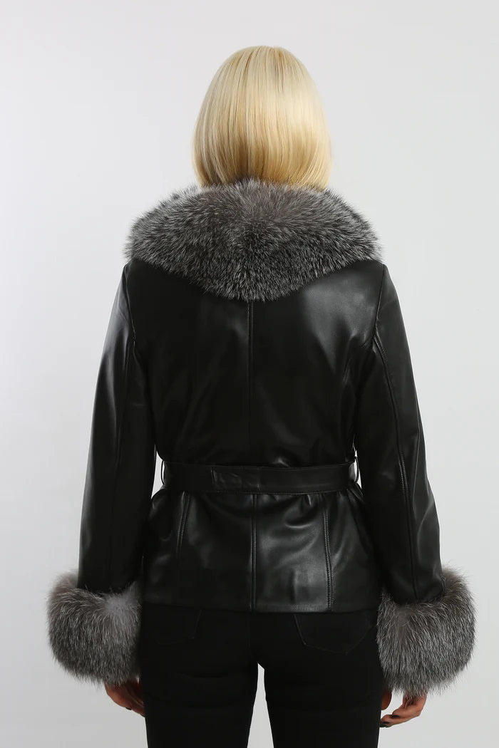 BARYA NY Women's Leather Jacket with Fox Trim