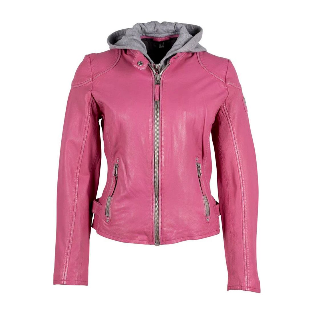 Mauritius Women's Genuine Lambskin Leather Jacket with Detachable Hoodie Pink