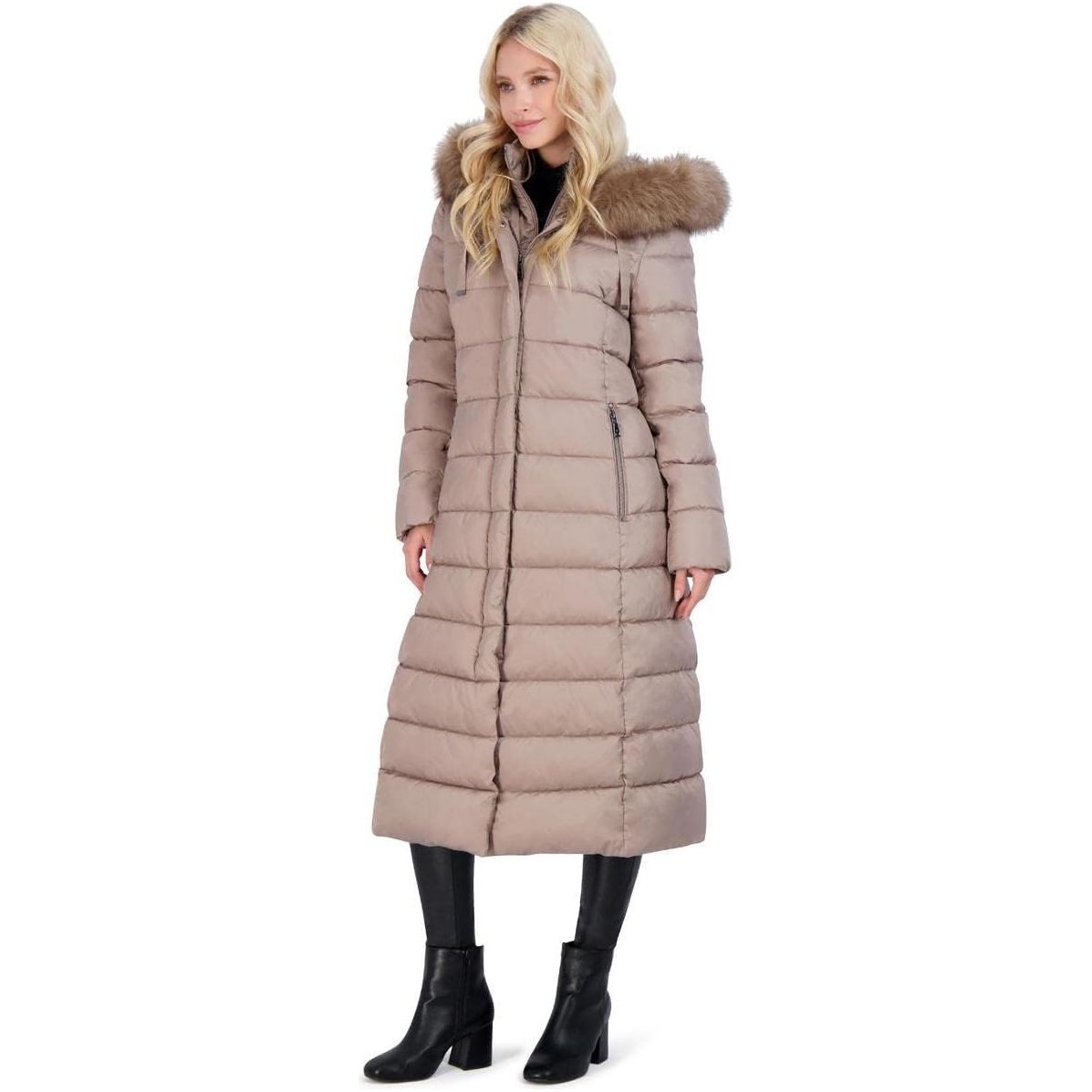 Tahari Women's Insulated Long Winter Coat with Removable Faux Fur Trim