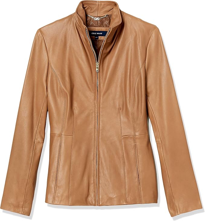 Cole Haan Women's Genuine Leather Jacket with Wing Collar