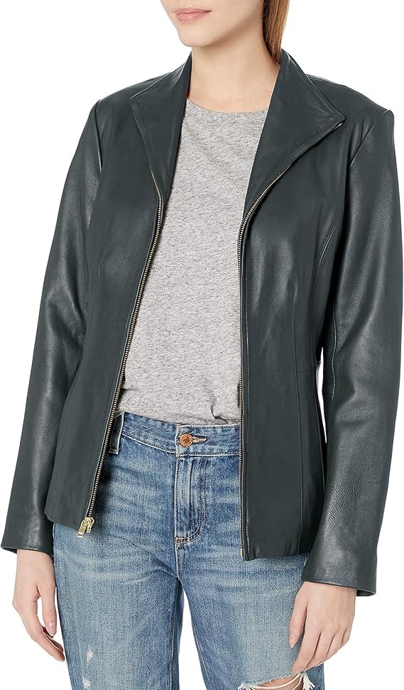 Cole Haan Women's Genuine Leather Jacket with Wing Collar