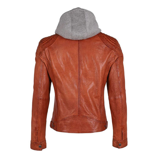 Mauritius Men's BARLO Lambskin Leather Jacket with Double Zipper & Fleece Hood, Brick