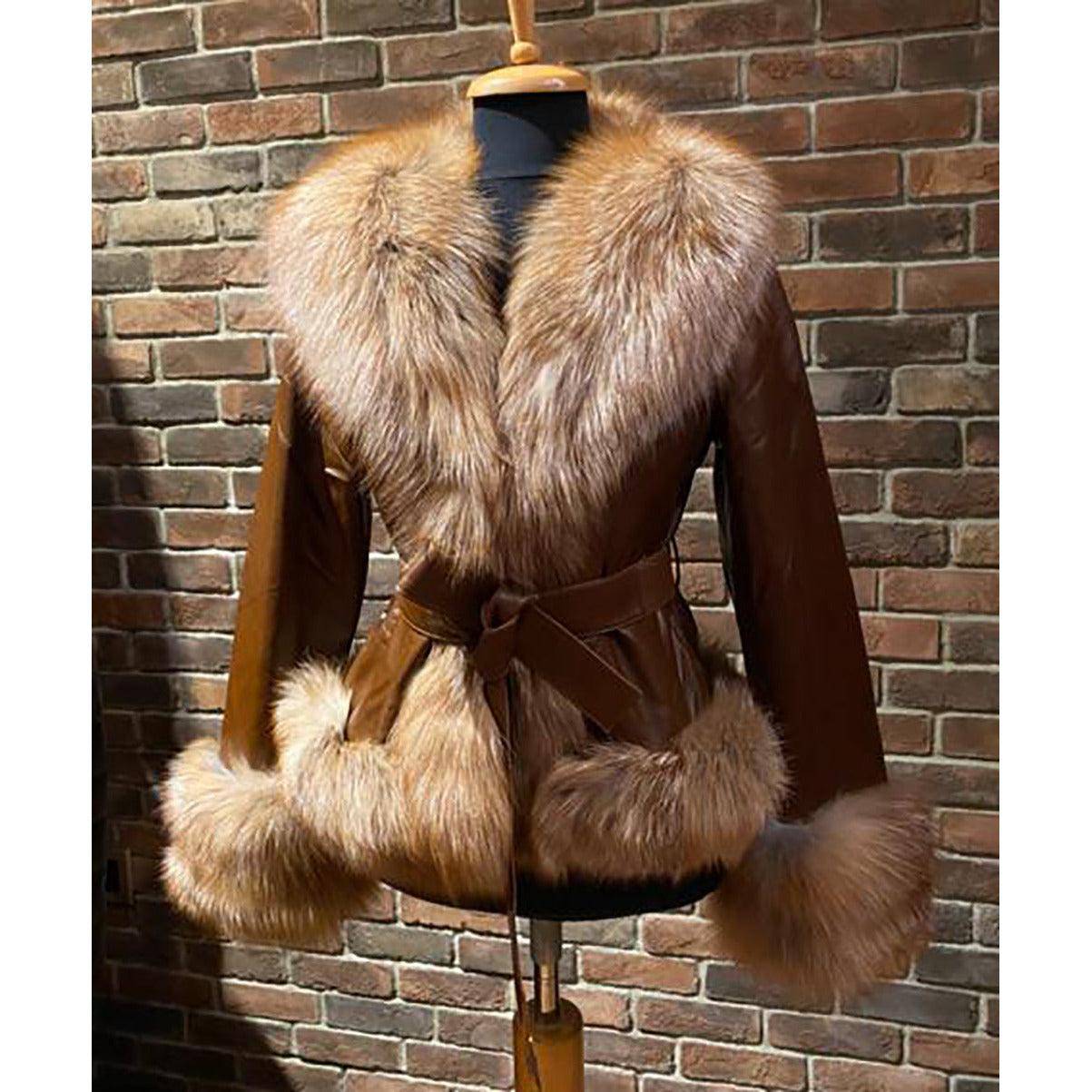 BARYA NEW YORK Women's Fox Trim Leather Jacket Red - Zooloo Leather