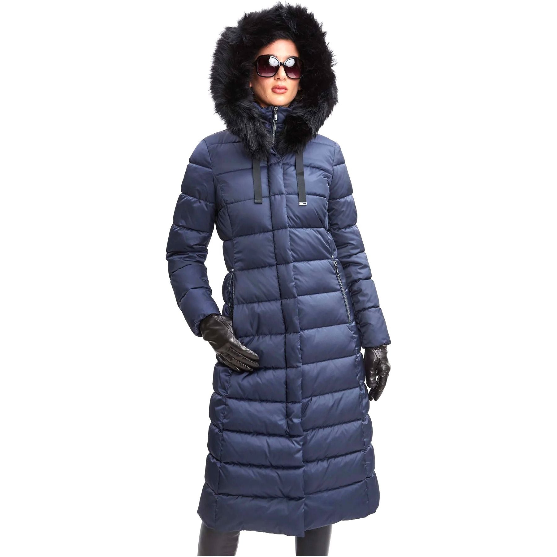 Tahari Womens Puffer Maxi Winter Coat with Removable Faux Fur Trim