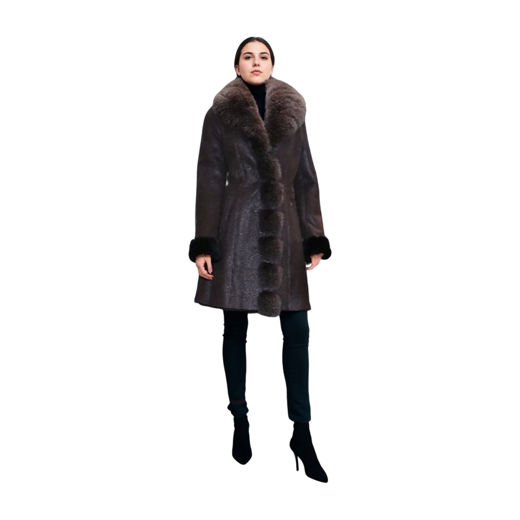 Grecia Women's Sheepskin Shearling Coat with Fox Fur Trim