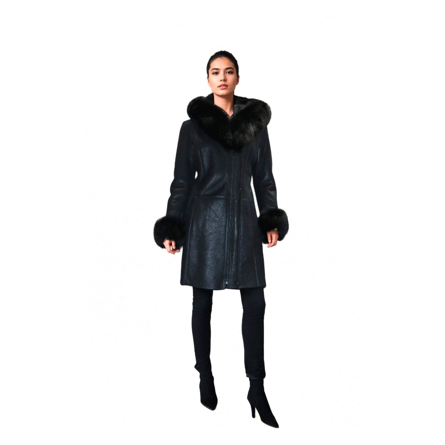 DODICI Women's Sheepskin Shearling Coat with Fur Trim