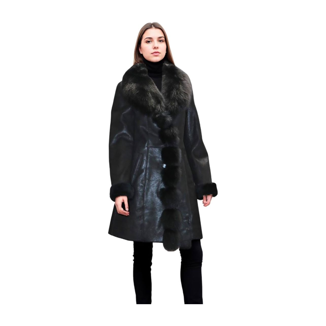 Grecia Women's Sheepskin Shearling Coat with Fox Fur Trim
