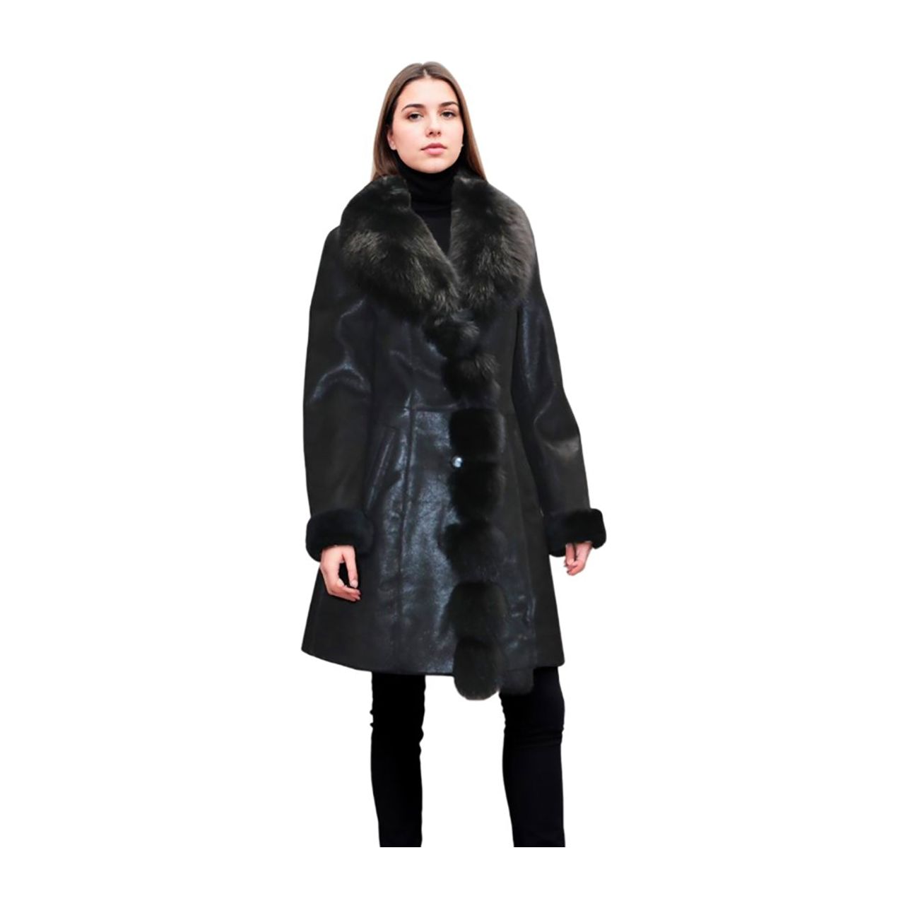 Anne Inferno Women's Sheepskin Shearling Coat with Fox Fur Trim