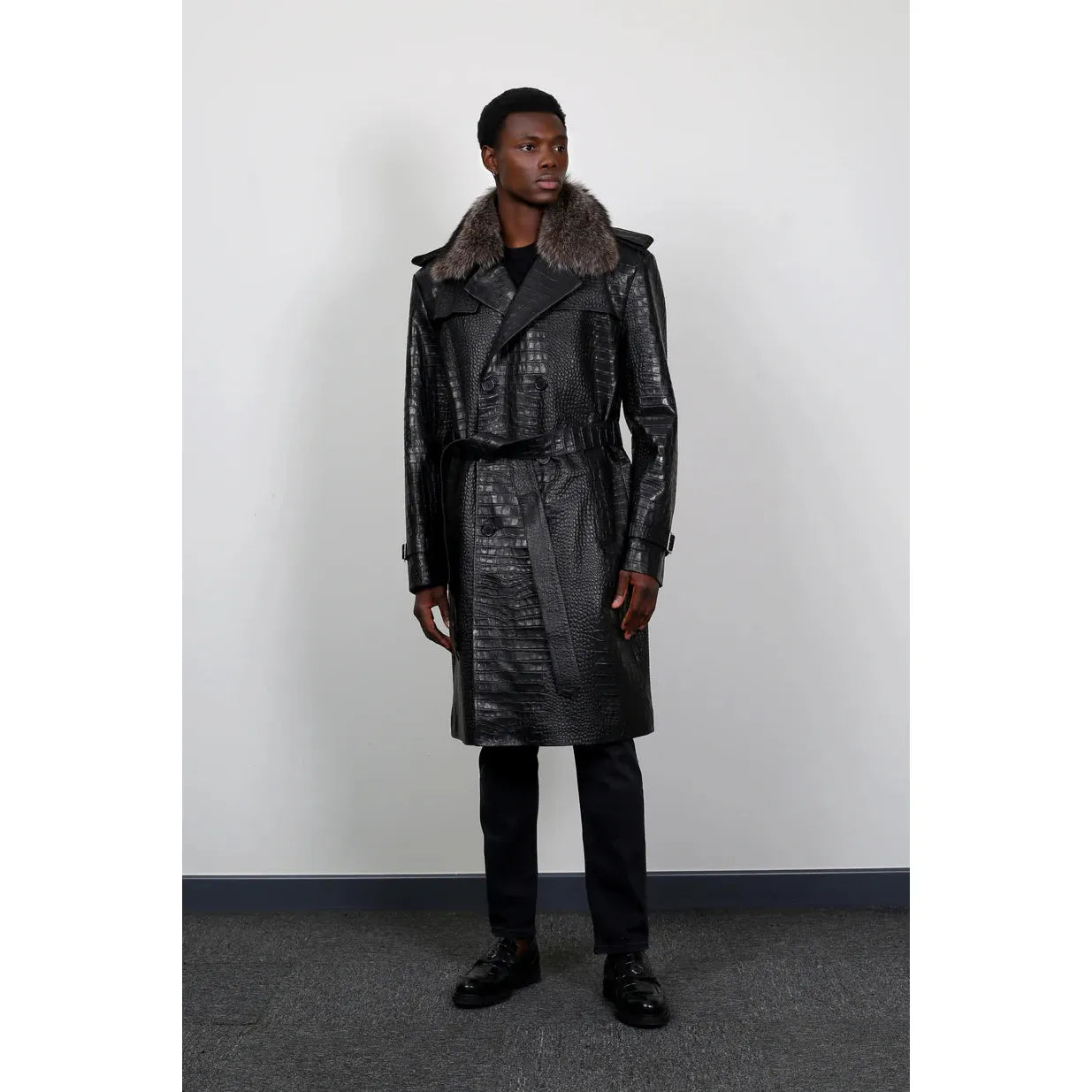 Barya New York Men's Croco Embossed Lambskin Leather Trench Coat