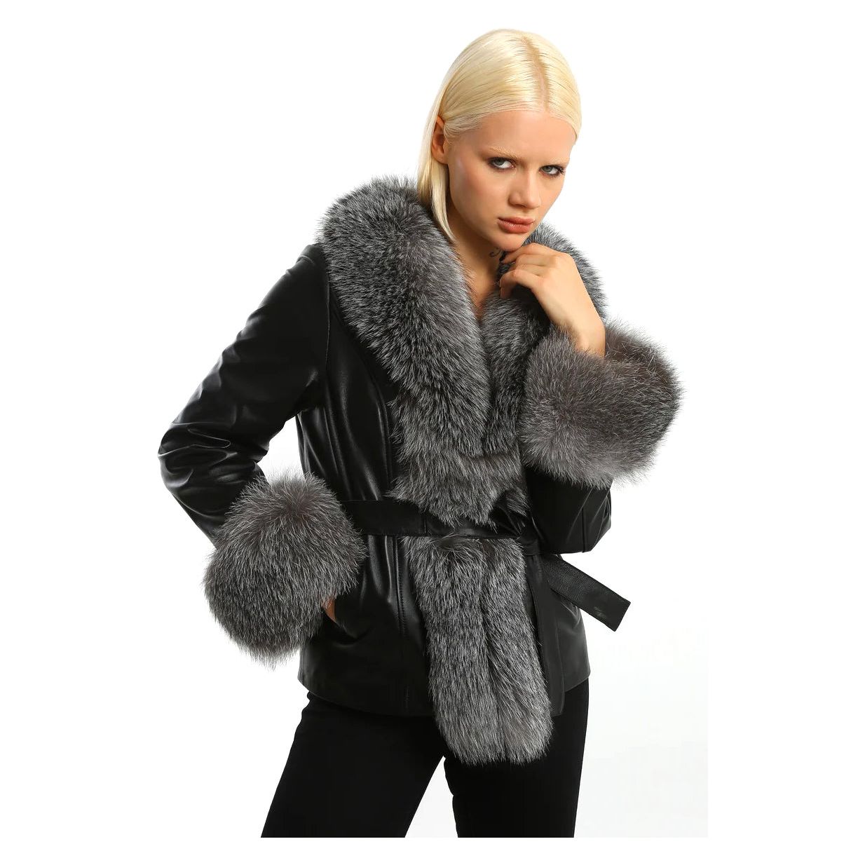 BARYA NY Women's Leather Jacket with Fox Trim
