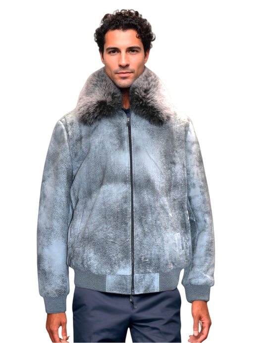 BARYA New York Men's Leather Bomber Jacket with Detach Fox Collar