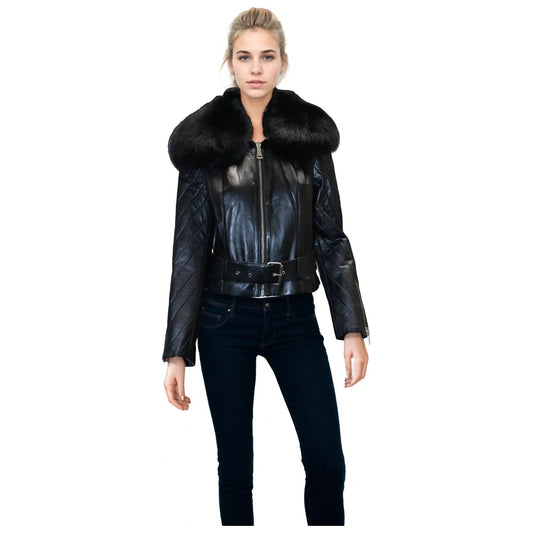 BARYA New York Women's Leather Jacket with Fox Fur Collar - Zooloo Leather