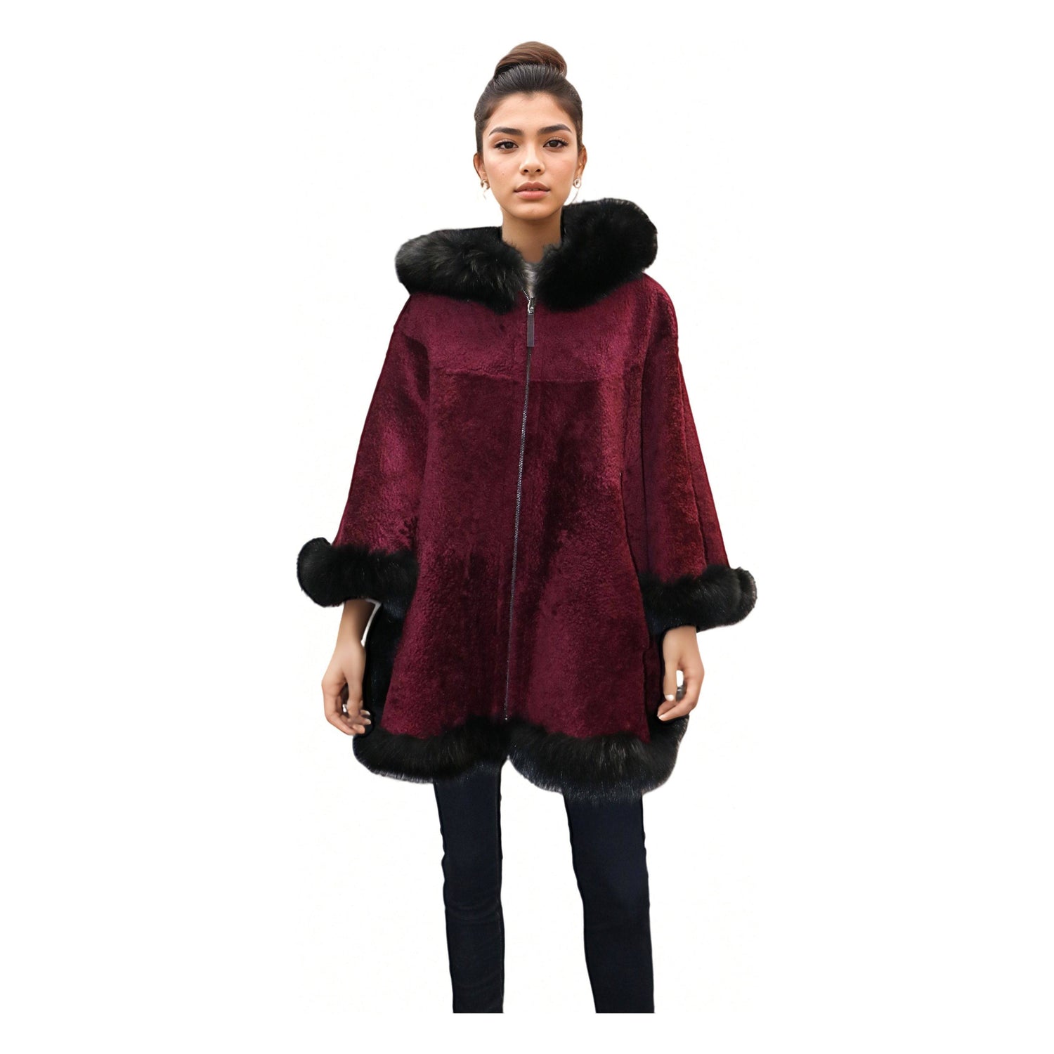Barya New York Women's Poncho Overcoat with Fox Fur Hood - Zooloo Leather