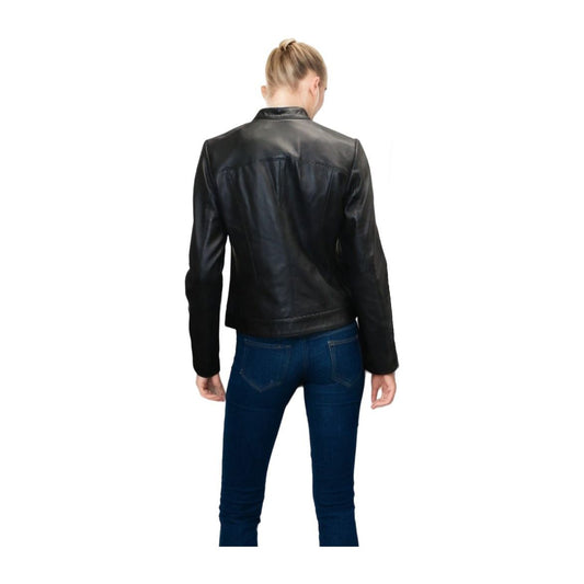 Cole Haan Women's Genuine Leather Jacket, Racer Design, Black, Spring Style