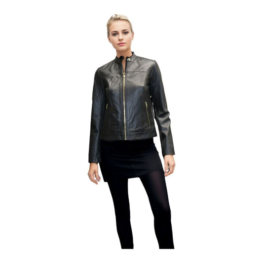 Cole Haan Women's Genuine Leather Jacket, Racer Design, Black, Spring Style