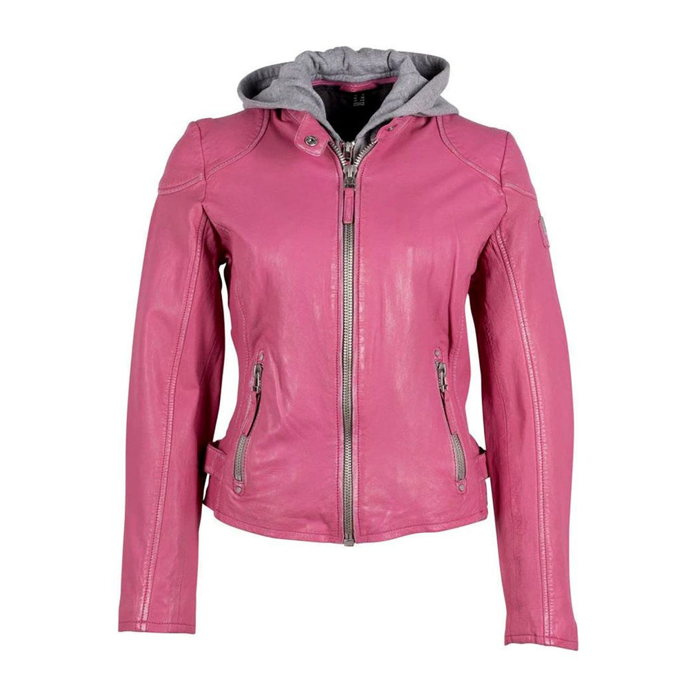 Mauritius Women's Genuine Lambskin Leather Jacket with Detachable Hoodie Pink