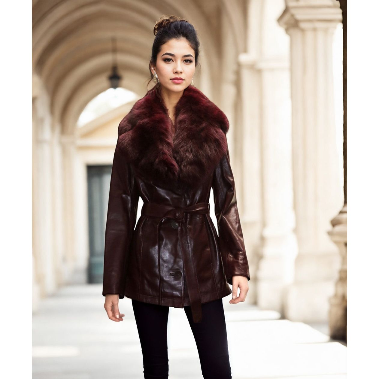 Barya New York Women's Leather jacket with Fox Fur Collar - Zooloo Leather