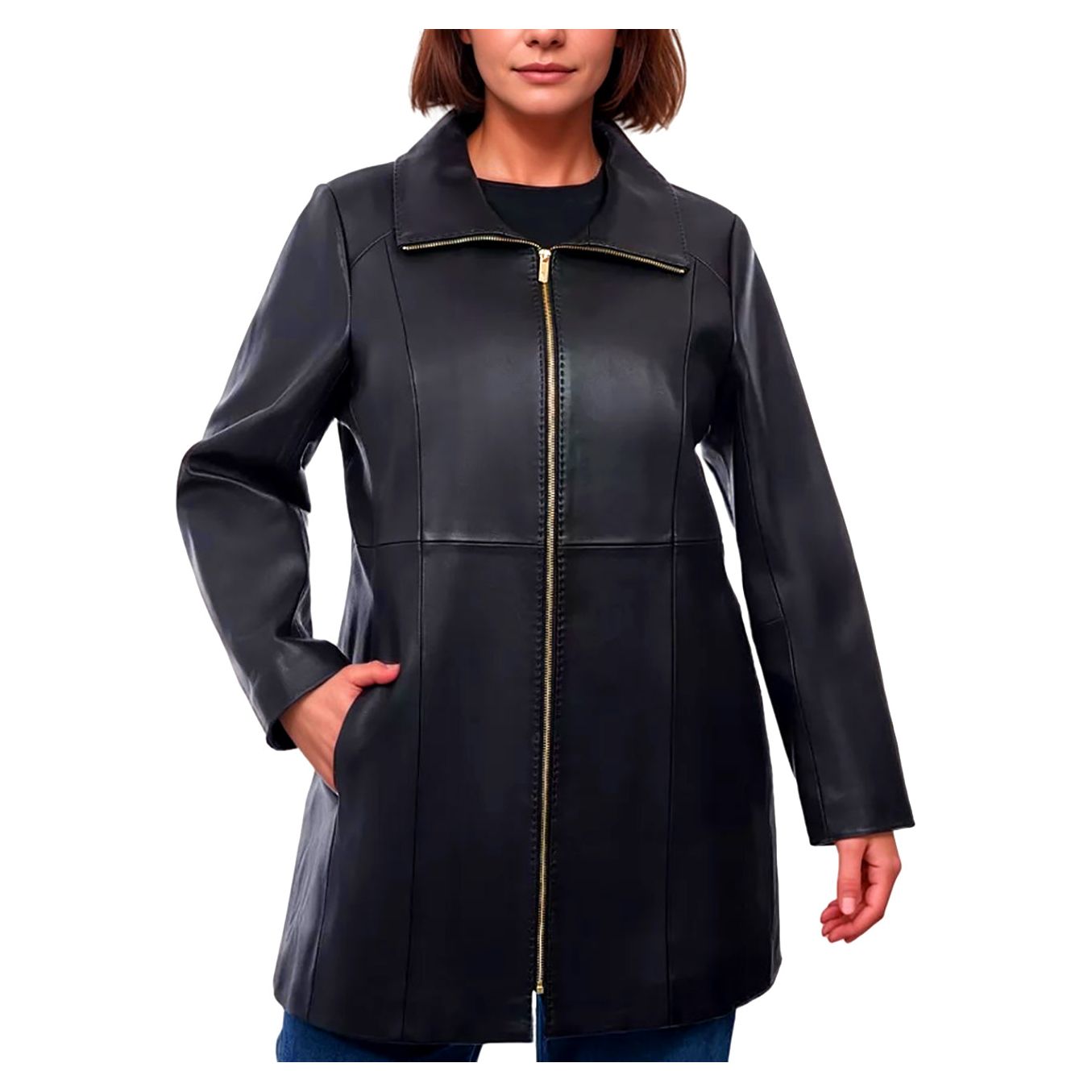 Anne Klein Women's Plus Size Mid-Length Genuine Leather Coat