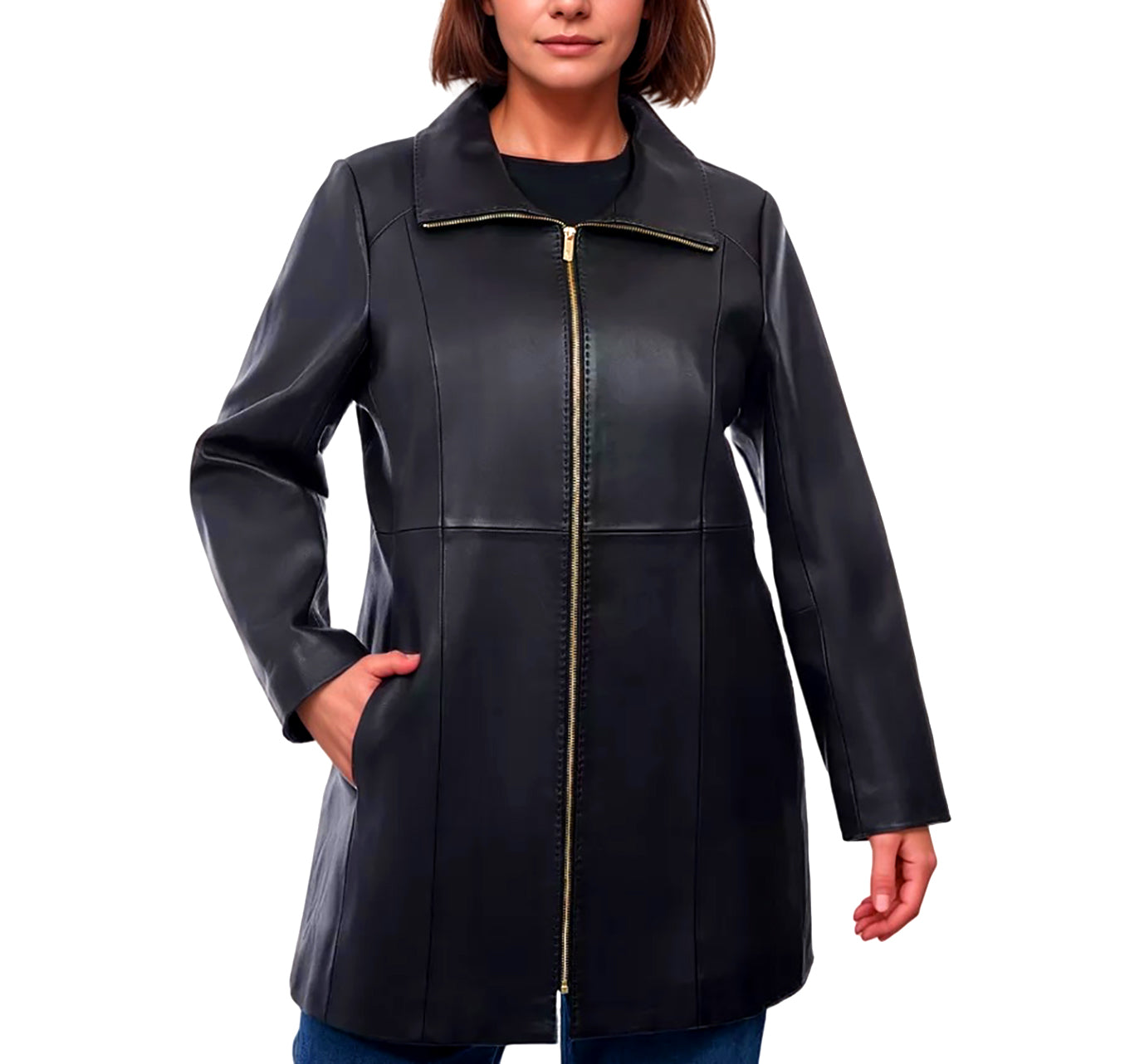 Anne Klein Women's Plus Size Mid-Length Genuine Leather Coat