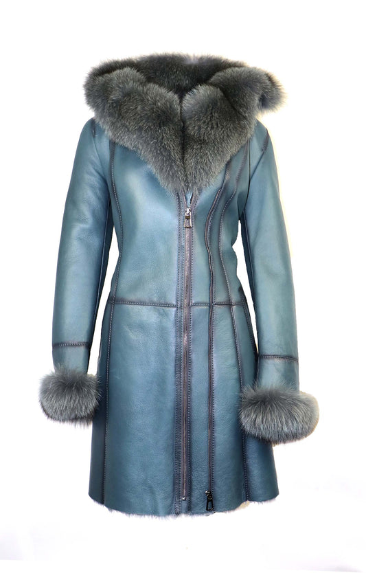 Dodeci Women's Sheepskin Shearling Coat with Fur Trim