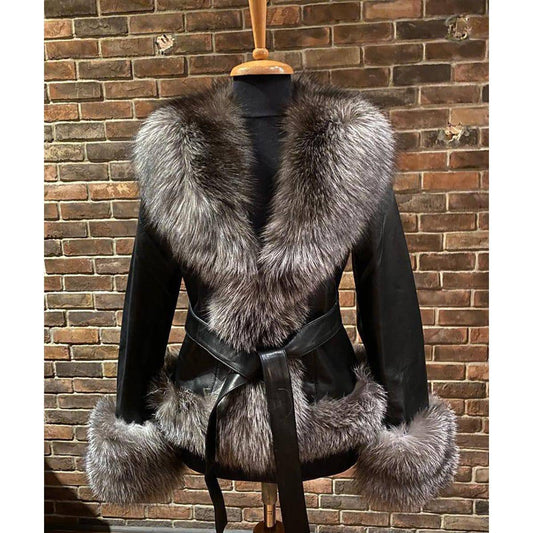 BARYA NEW YORK Women's Fox Trim Leather Jacket