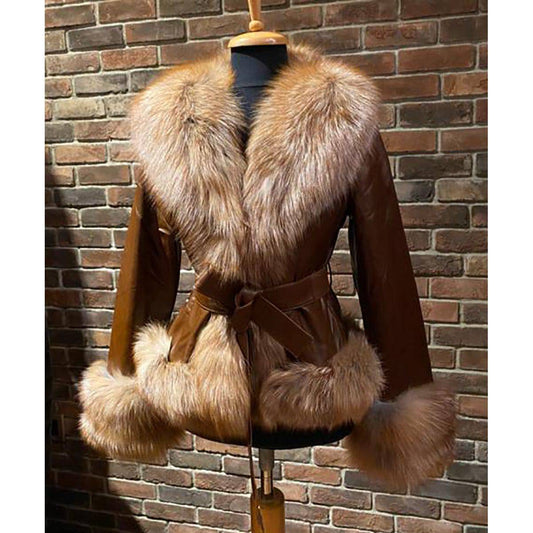 BARYA NEW YORK Women's Fox Trim Leather Jacket