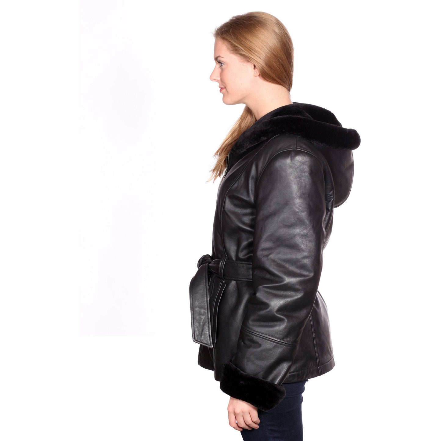 Christian NY Women's Shawl-Collar Hooded Leather Coat