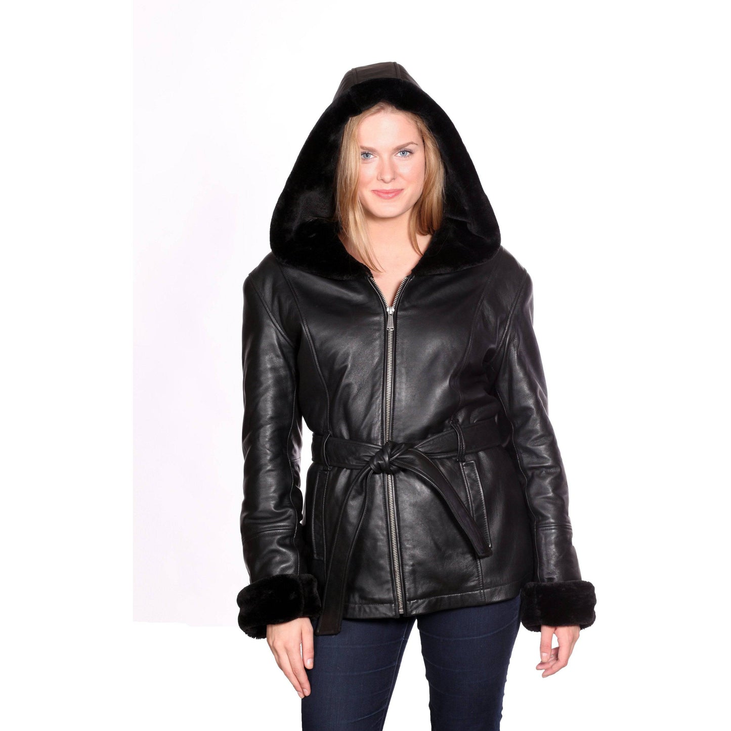 Christian NY Women's Shawl-Collar Hooded Leather Coat