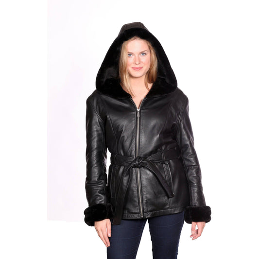 Christian NY Women's Shawl-Collar Hooded Leather Coat - Zooloo Leather
