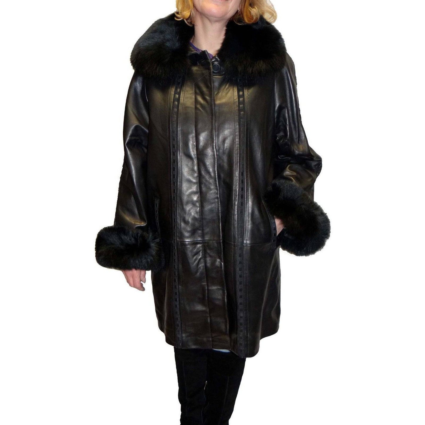 Knoles & Carter Women's Plus Size Leather Coat with Fox Fur Collar