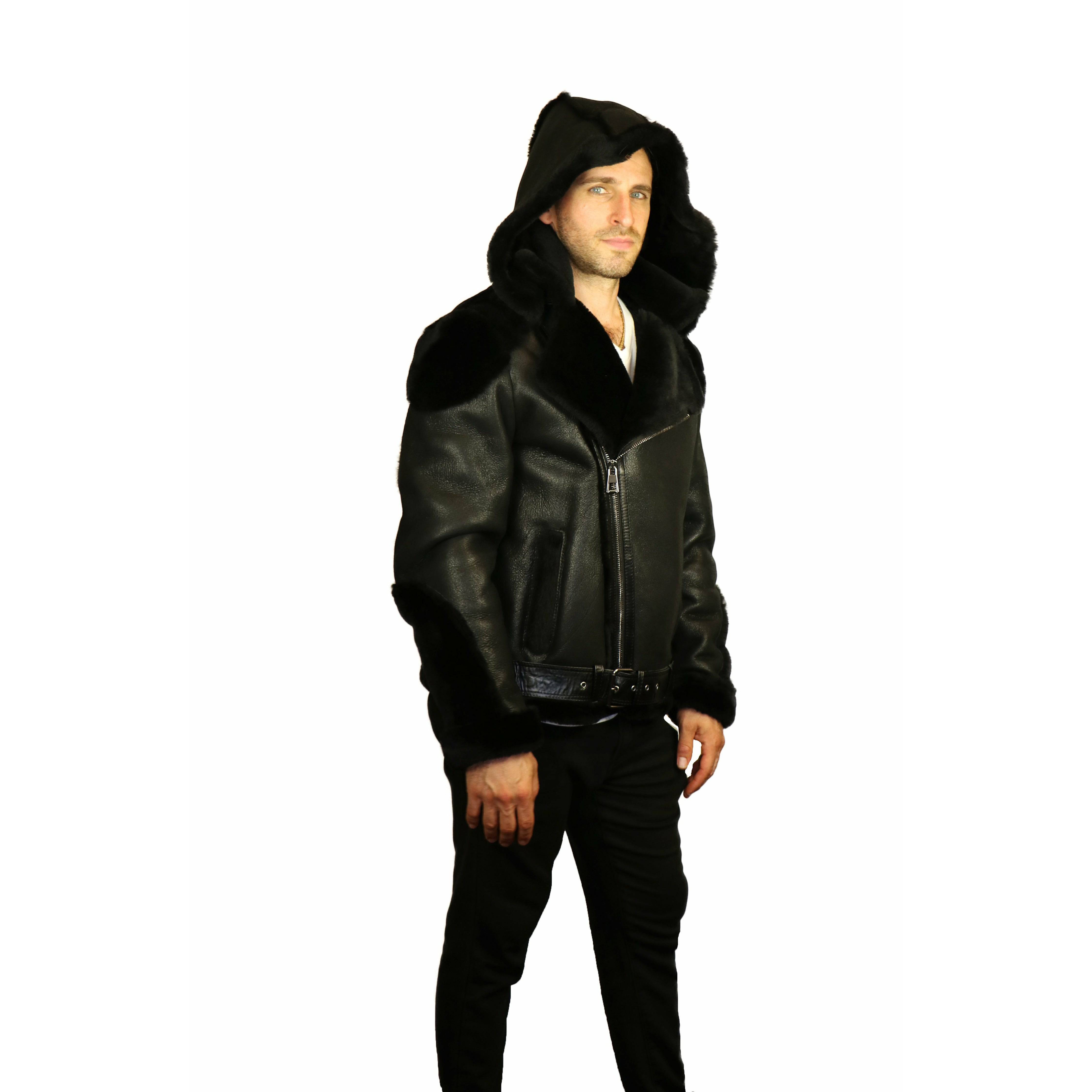 Zooloo Men's Sheepskin Shearling Moto Jacket with Hood - Zooloo Leather