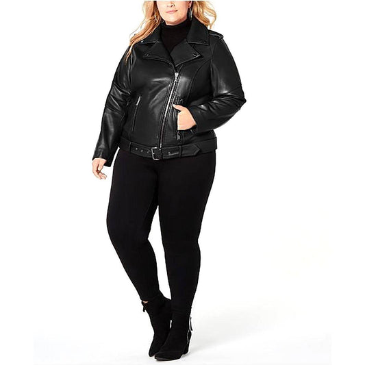Michael Kors Women's Plus Size Moto Leather Jacket with Belt - Zooloo Leather