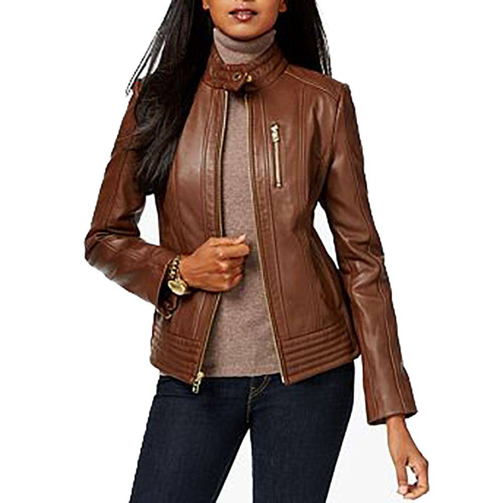 MICHAEL KORS Women's Snap-Collar Moto Leather Jacket - Zooloo Leather