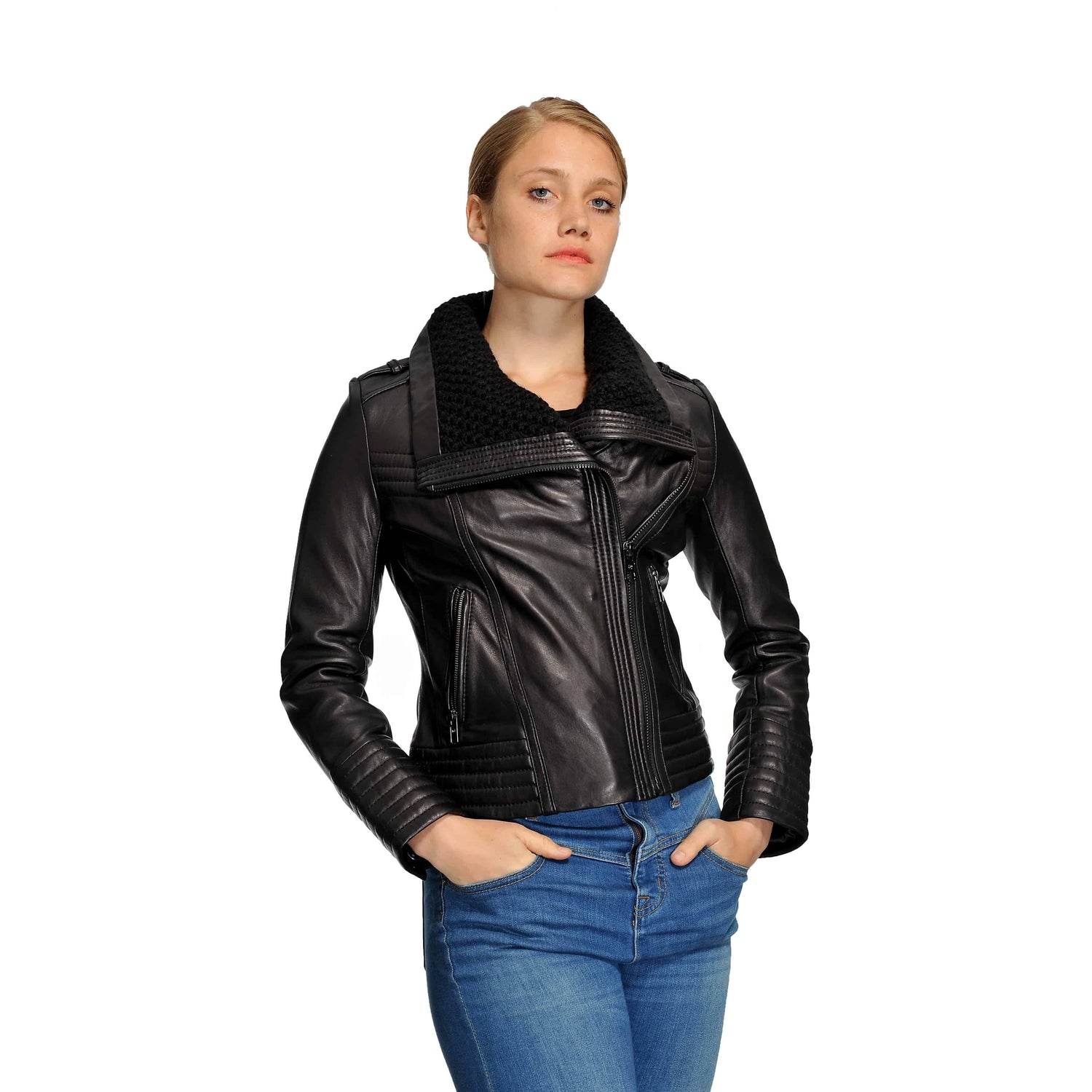Michael Kors Women's  Knit Collar Moto Leather Jacket