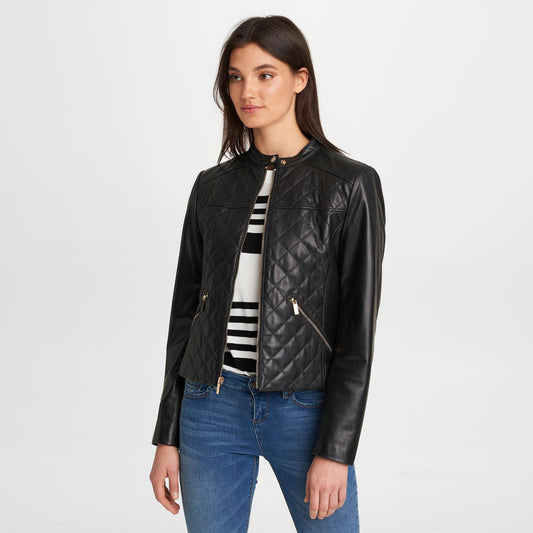 Karl Lagerfeld Paris Women's Quilted Moto Leather Jacket
