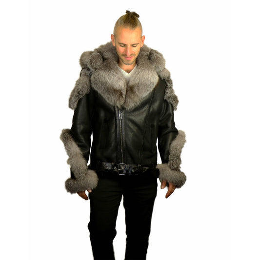 Zooloo Men's Sheepskin Winter Shearling Moto Jacket with Fox Trim - Zooloo Leather