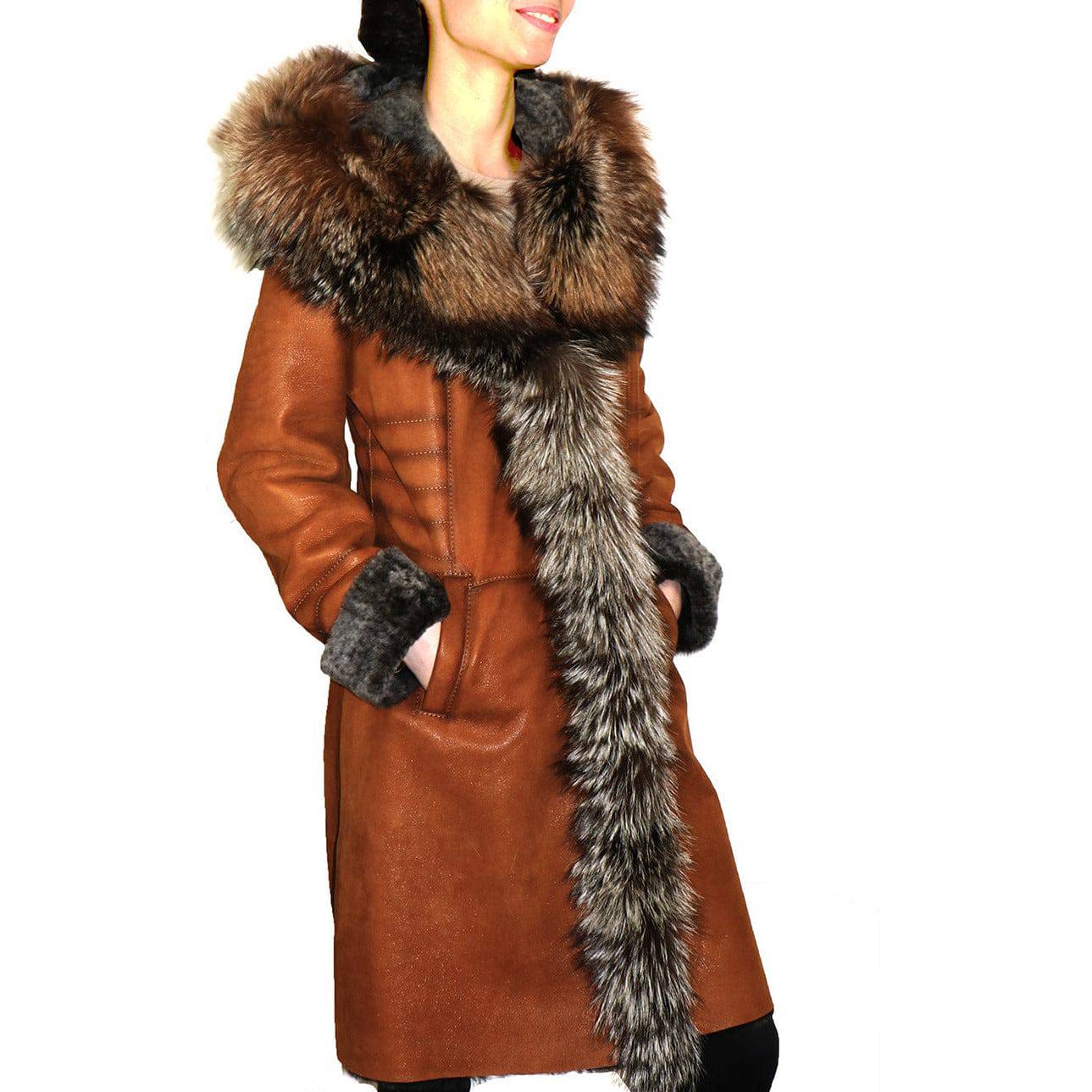 Zooloo Women's Sheepskin Shearling Coat with Fox Trim - Zooloo Leather