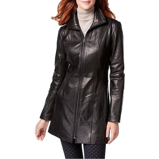 ANNE KLEIN Women's Mid-Length Zip Front Leather Coat