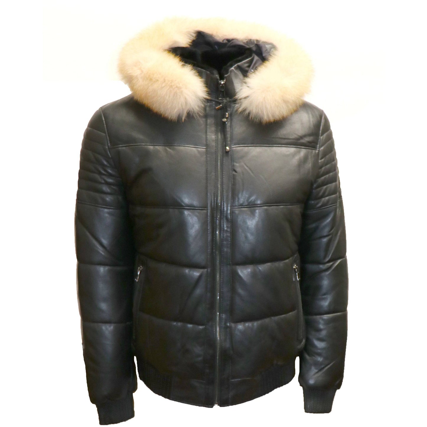 BARYA NEW YORK Men's Puffer Leather Jacket with Fox fur