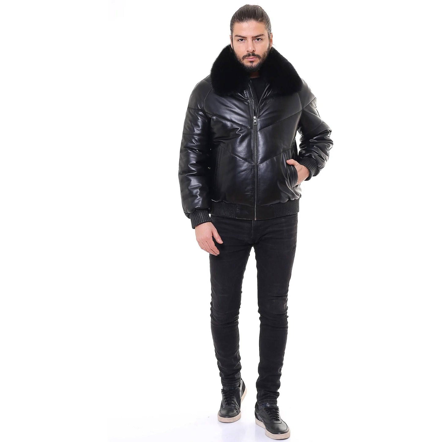 BARYA NEW YORK Men's V-Bomber Leather Jacket with Fox Fur