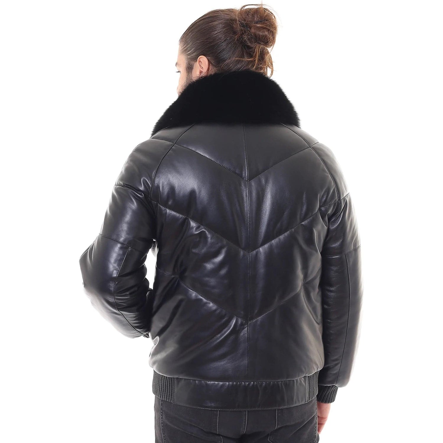 BARYA NEW YORK Men's V-Bomber Leather Jacket with Fox Fur - Zooloo Leather