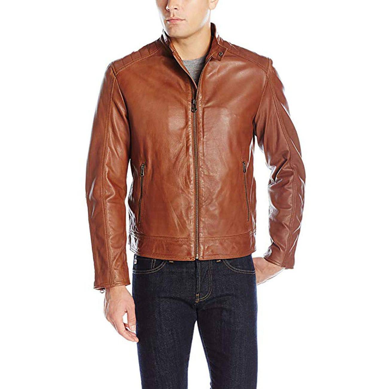 Cole Haan Men's Washed Vintage Leather Stand Collar Jacket