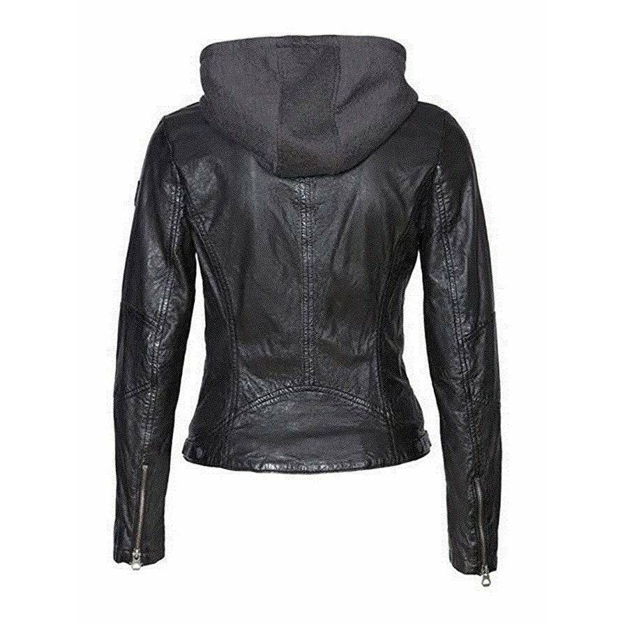 Mauritius Women's Hooded Leather Jacket with Zip Out Hood