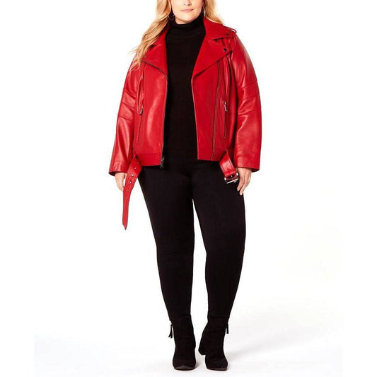 Michael Kors Women's Plus Size Moto Leather Jacket with Belt - Zooloo Leather