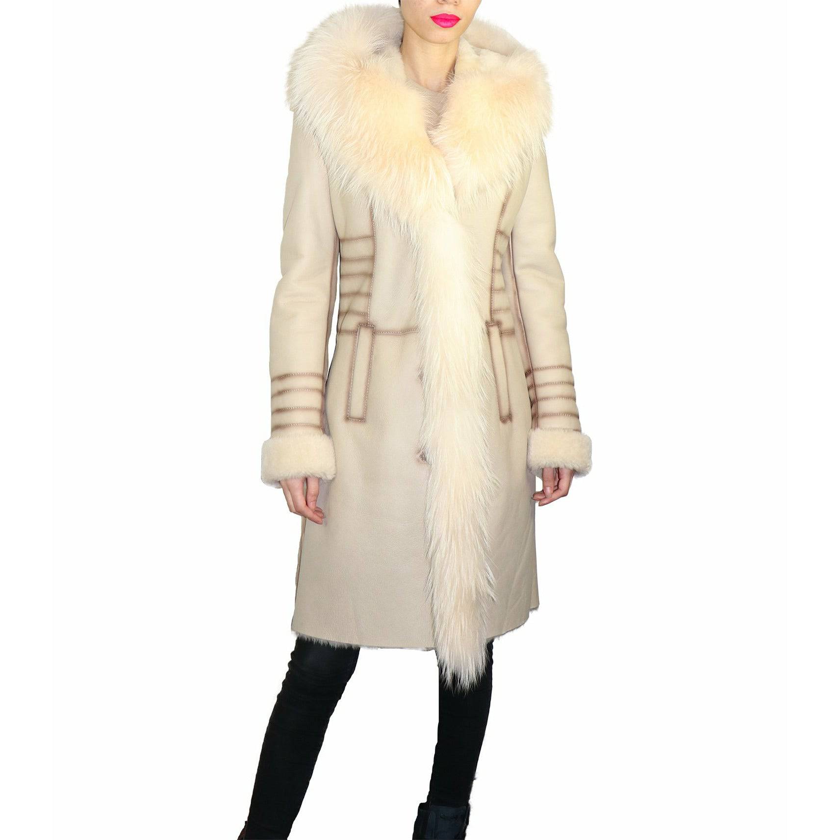 Zooloo Women's Sheepskin Shearling Coat with Fox Trim - Zooloo Leather