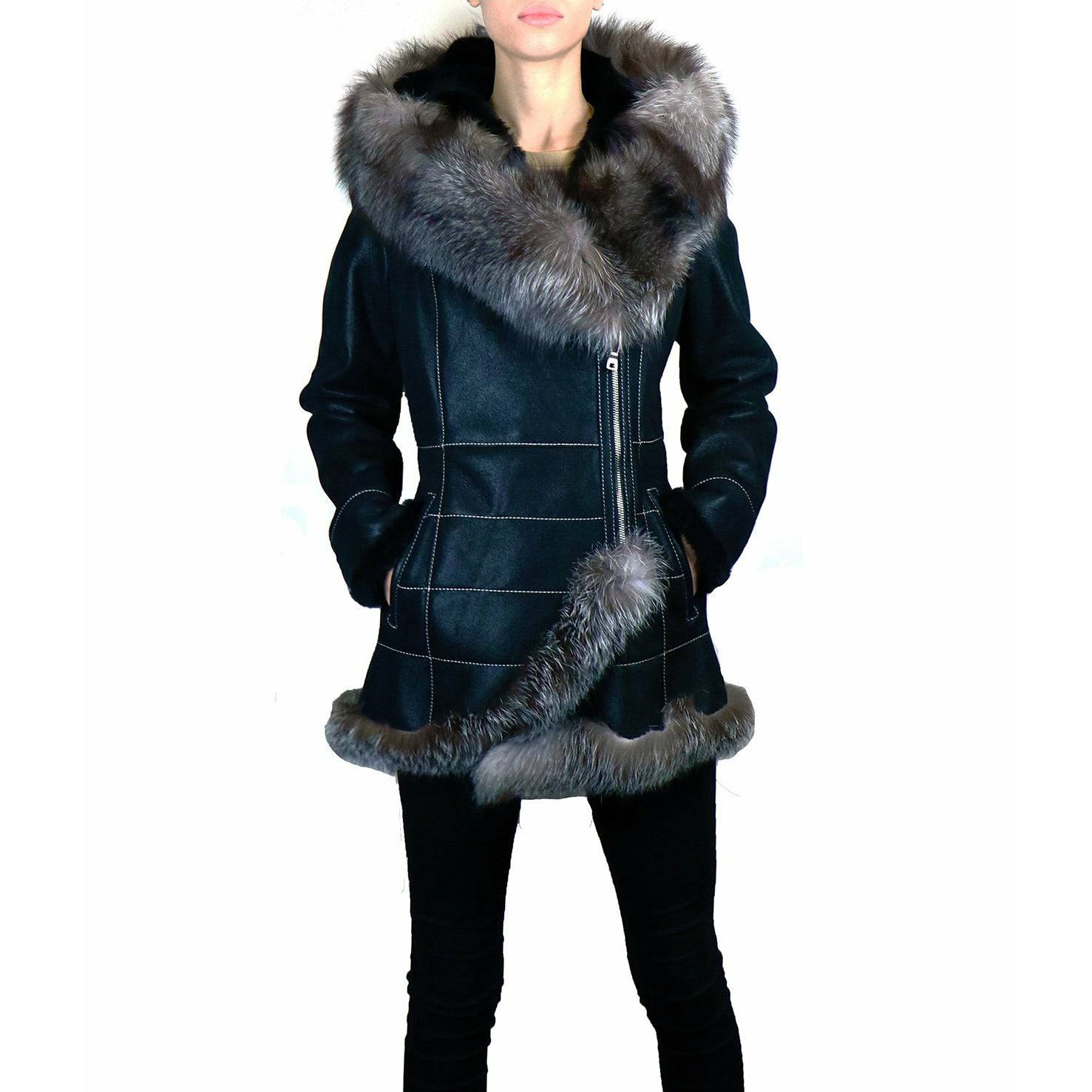 Zooloo Women's Shearling Coat with Fox Trimming - Zooloo Leather