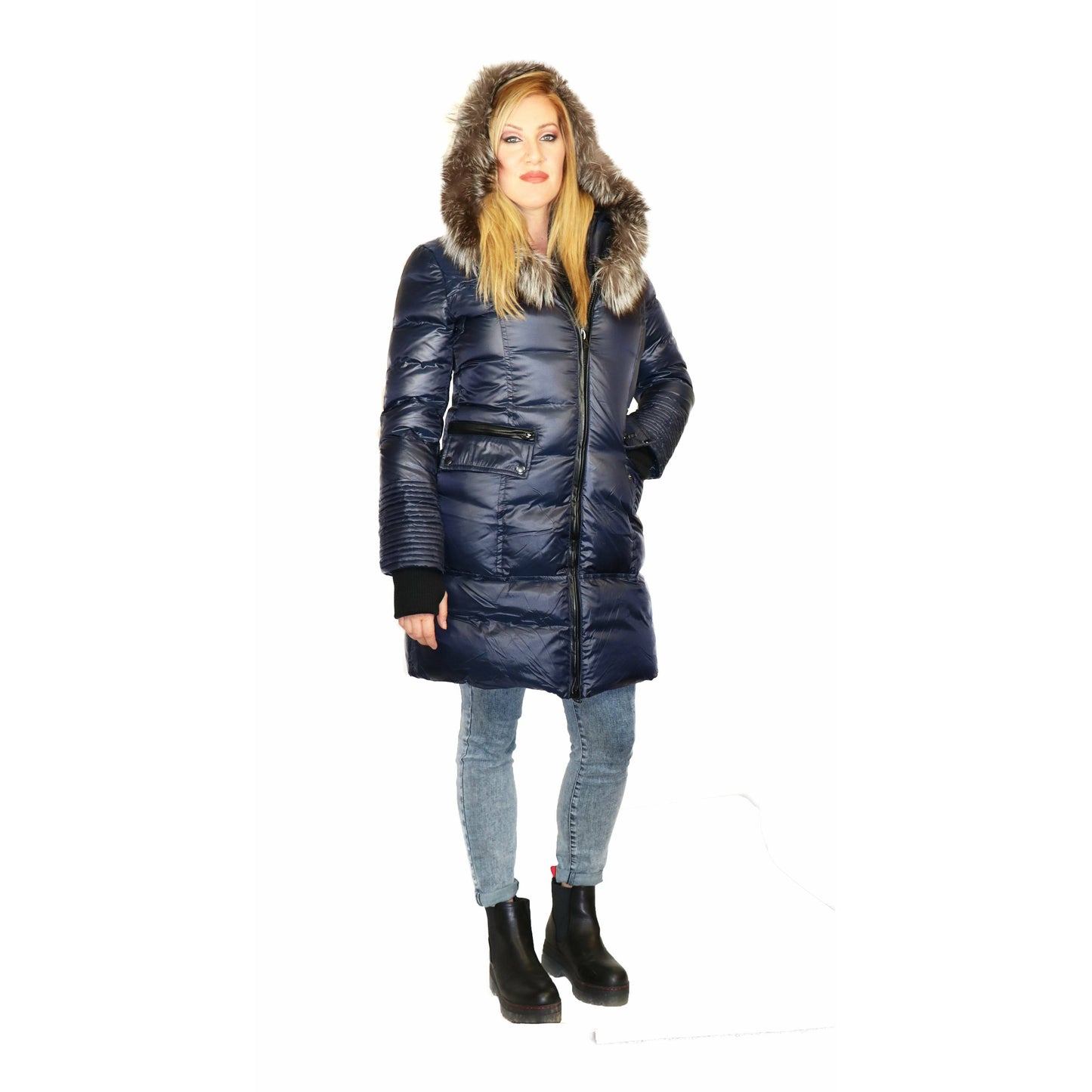 Towmy Women's Down Coat with Silver Fox Fur Hood - Zooloo Leather