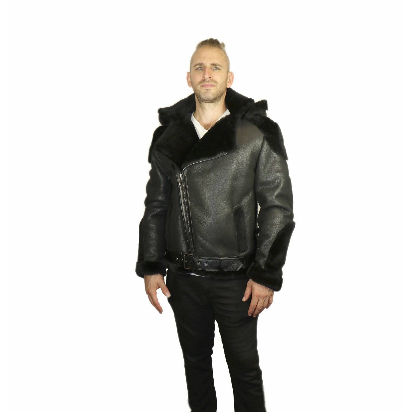 Zooloo Men's Sheepskin Shearling Moto Jacket with Hood - Zooloo Leather