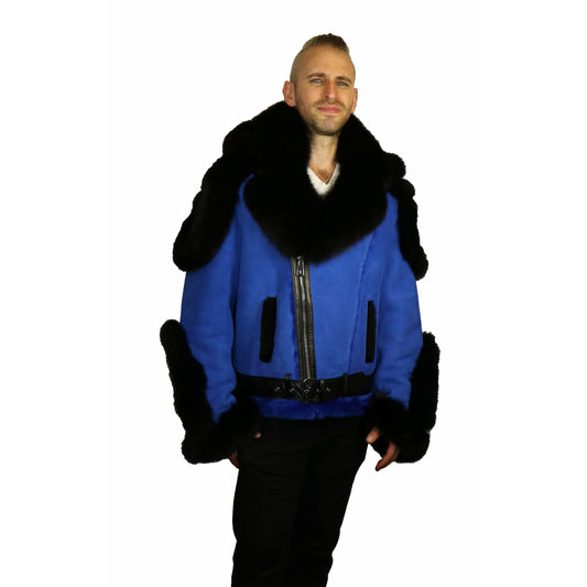 Zooloo Men's Sheepskin Winter Shearling Moto Jacket with Fox Trim